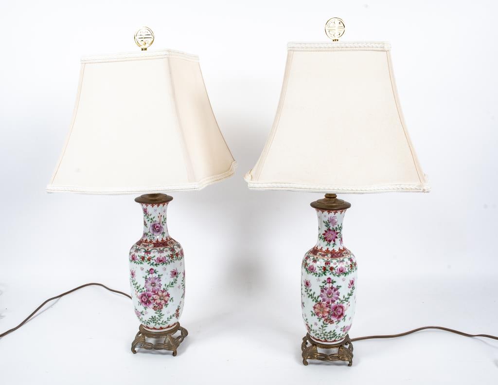 Pr. Chinese Famille Rose Porcelain Vase Lamps (1 of 7)
