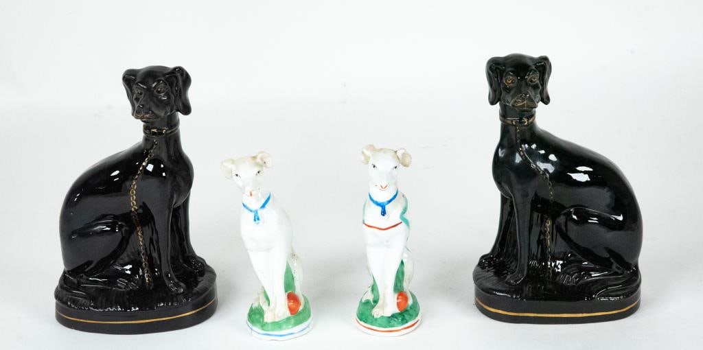 Two Pairs of Ceramic Whippets: Late 19th / early 20th century: 1. Pair of facing black ceramic whippets, each molded sitting on an oval base, gilt accents including collar with chain; 7 3/4"H, 4 3/4"W; good condition---2. Pair of w