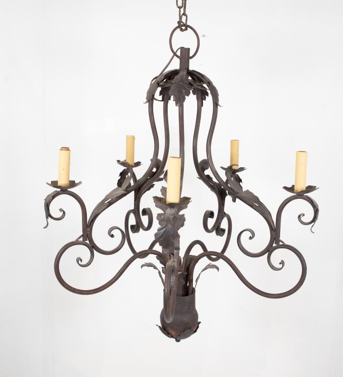 Five-Arm Iron Chandelier: 20th century, five-arm iron chandelier with applied acanthus leaves; approx. 29"W, 34"H; good condition---From the estate of Joseph Ewing, long-time antiques dealer in OH, NC, and SC, to benefit the L