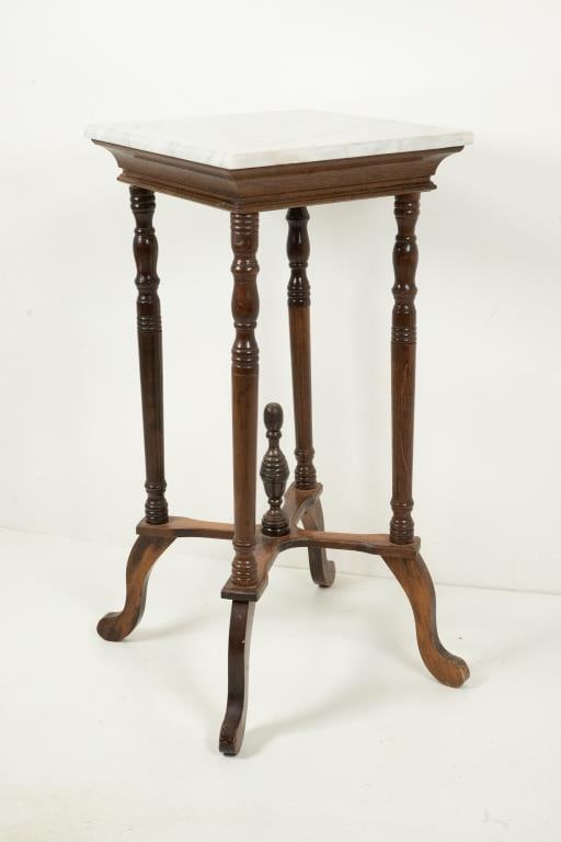 Marble Top Stand: Square marble top with molded edge, raised on turned uprights joined by an X-form stretcher centered with a turned finial, cabriole legs, 20th century; 14 1/4" x 14 1/4", 29 1/2"H; repair to glue bloc