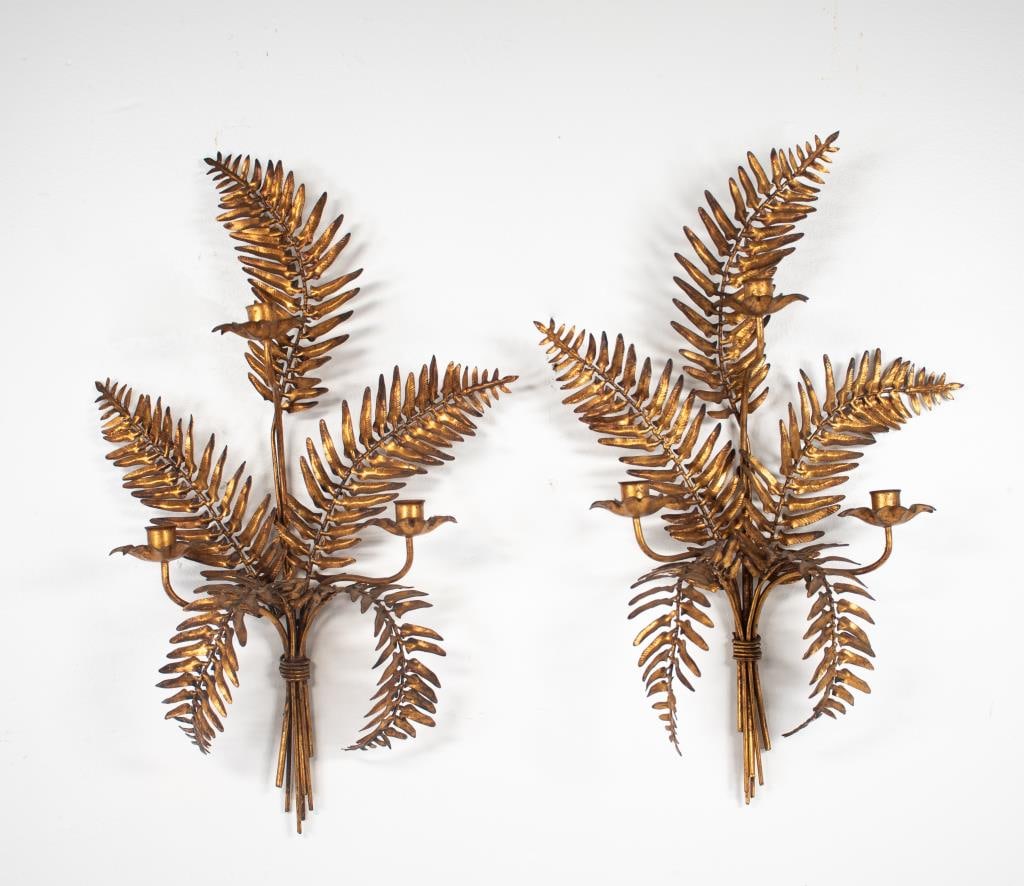 Pair Gilt Metal Fern Leaf Wall Sconces (1 of 9)