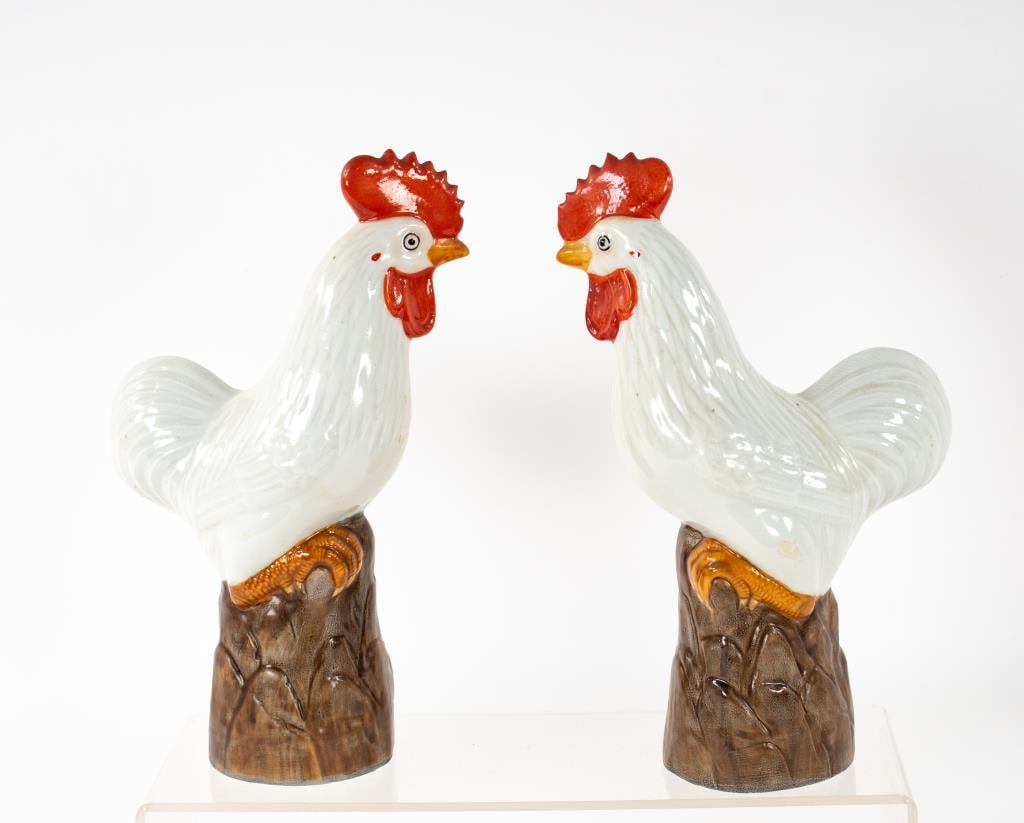 Pr. of Chinese Porcelain Roosters: Late 20th century, illegible incised marks and stamps to bottoms; 9 3/4"H---good condition---From the estate of Joseph Ewing, long-time antiques dealer in OH, NC, and SC, to benefit the Laurens County