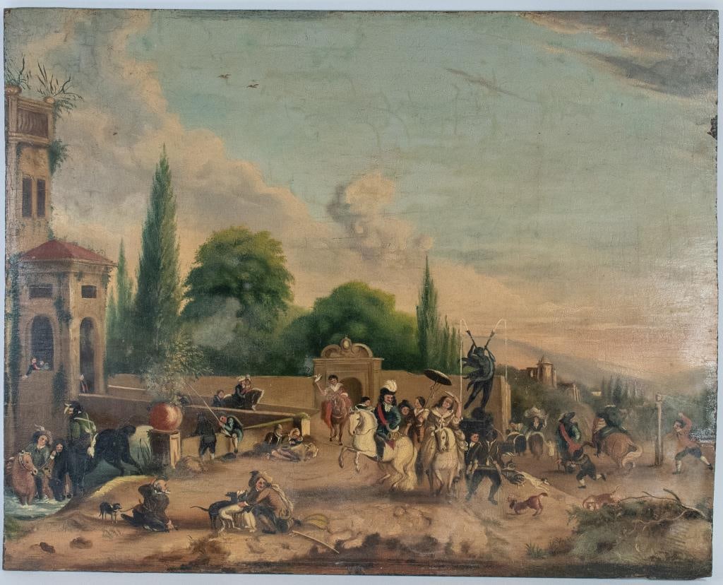 18th Century Oil on Board: Busy European street scene outside the city walls depicting a fountain, numerous men and women on horseback, figures fishing, figures walking, several dogs, etc.; unframed; 20"W, 16"H---Condition: cut