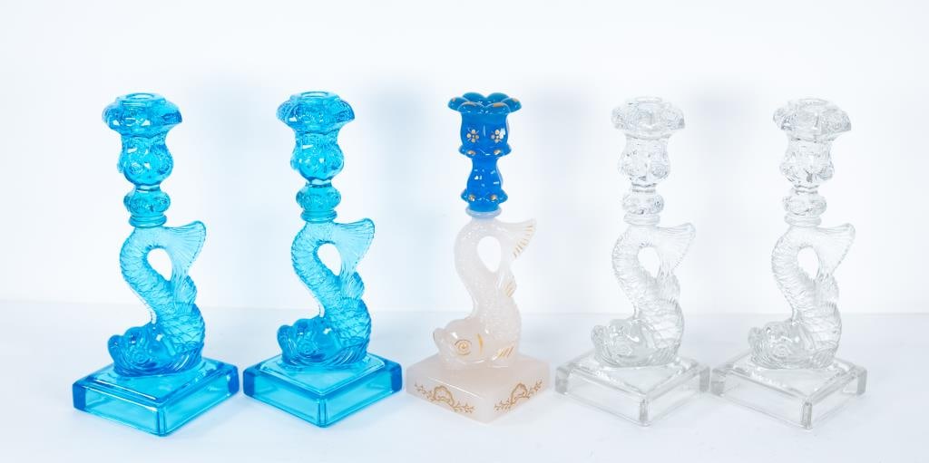 Five MMA Glass Dolphin Candlesticks (1 of 4)