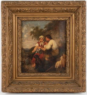 Ernst Georg Fischer (Germany / U.S., 1815-1874): 19th century oil on canvas depicting a pastoral scene with young man and woman seated and relaxing amid their farm animals, she with a bucket on her lap and a dog at her feet, he leaning in and touchi