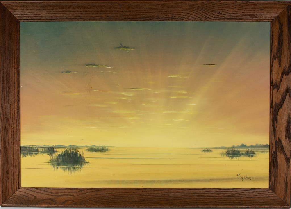 Pete Przekop (South Carolina, 1916-2007): Sunrise over a Low Country marsh, oil on canvas, signed lower right "Przekop", wood frame; sight 35 1/2"W, 23 1/2"H; frame 40 3/4"W, 28 3/4"H; good condition