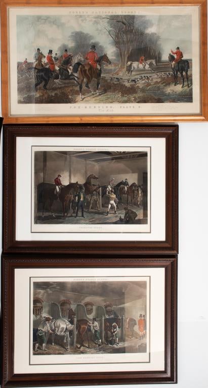 3 Fores's Fox Hunting National Sports & Stable: Three framed Fores's hand colored lithographs / engravings on paper; each after John Frederick Herring Sr. (English, 1795-1865); engraved by J. Harris; published by Messrs Fores, 41, Piccadilly: 1. Ti