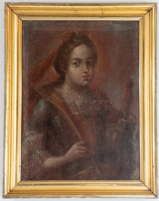 18th Century Oil on Canvas Portrait: Possibly Empress Maria Theresa, wearing a jeweled head piece and holding a scepter in her left hand, in a later 19th century gilt wood frame; sight 17"W, 23"H; frame 21 3/4"W, 27 3/4"H---Condition: pa