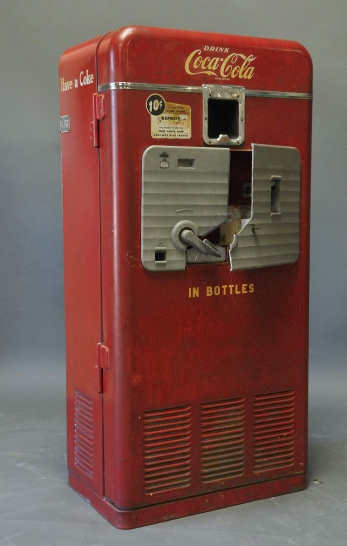 Coca-Cola Vendorlator 10 Cent Machine: c. 1950s, Model 27A, Vendorlator Mfg. Co., Fresno, California; both sides stenciled in white "Have a Coke"; key lock with key; original manufacturer's plaque with Serial Number 5342; coin mechanism ma