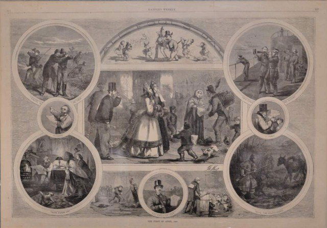 Thomas Nast April Fool's Cartoon Harper's Weekly: Original double-page engraving from Harper's Weekly "The First of April, 1864" by Thomas Nast featuring a mosaic of ten April Fool's pranks showing the April Fool's traditions of 1864, including Civil