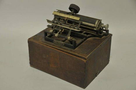 Rare Crown Typewriter: Crown linear index typewriter, designed by Byron Brooks, first model straight frame with metal label "Crown Type Writer National Meter Co., 252 Broadway, New York Patented March 6 1888"; patented in 1