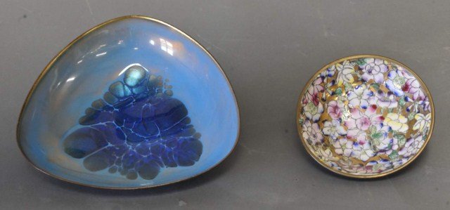 Two Small Bowls--Kareka and Porcelain Ware: 1. Copper enamel triangular bowl signed "K" for Kareka (Cape Cod artist), original label and signature on underside, c. 1960; 6 1/2" x 6 1/2"; 2. Small dish with enameled floral decoration, stamped on