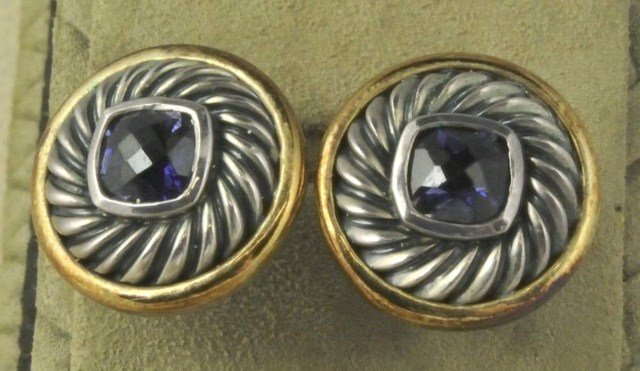 David Yurman Earrings: Pair of sterling, 14kt yellow gold, and dark blue precious stone pierced earrings