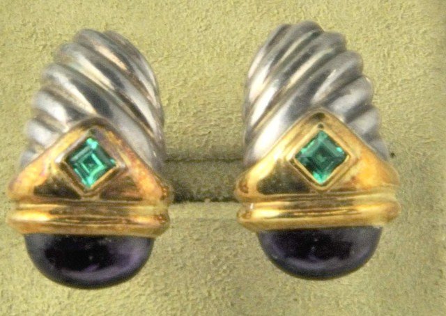 David Yurman Earrings: Pair of sterling, 14kt yellow gold, amethyst, and dark green precious stone pierced earrings