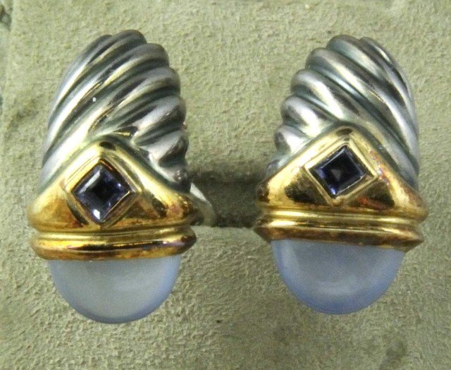 David Yurman Earrings: Pair of sterling, 14kt yellow gold, amethyst, and cut gray precious stone pierced earrings