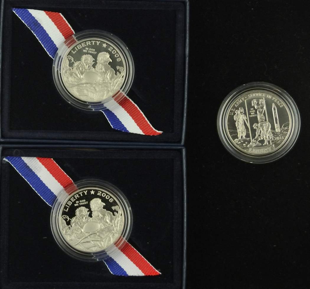 Three Commemorative Coins: Two 2008 S PROOF Bald Eagle Commemorative Clad Half Dollar Coin, One 2011 D UNCIRC U.S. Army Clad Half Dollar #117-118