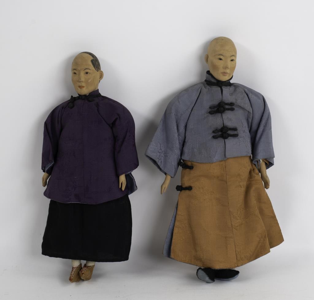Chinese Door of Hope Mission Dolls: Two dolls, male and female, each having a carved wooden head and hands, faces with carved and hand painted features, painted hair with brush strokes, each dressed in original hand-made clothing and sh