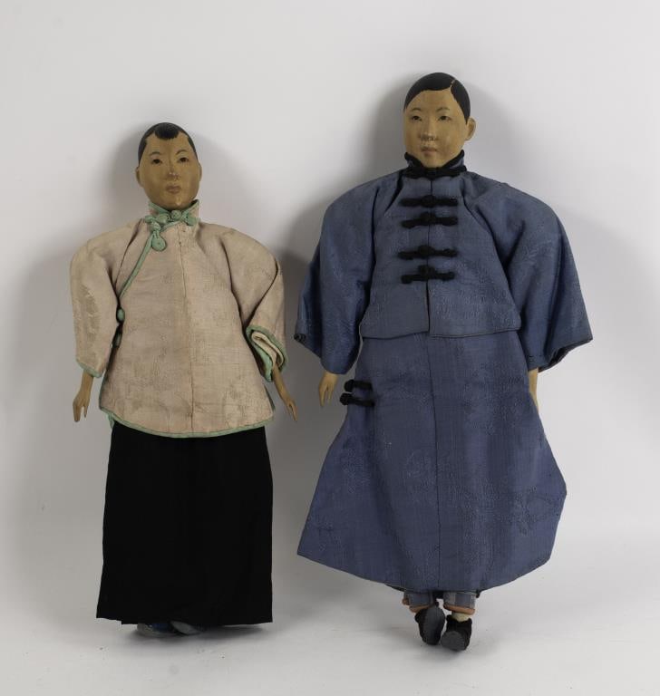 Chinese Door of Hope Mission Dolls: Two dolls, male and female, each having a carved wooden head and hands, faces with carved and hand painted features, painted hair with brush strokes, each dressed in original hand-made clothing and sh