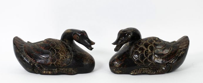 Pair of Chinese Carved & Lacquered Wood Ducks