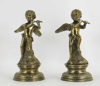 Pair Putti Playing Flutes Brass Sculptures