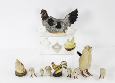 Vintage Plush Chicks, Miniature Hens on Nests