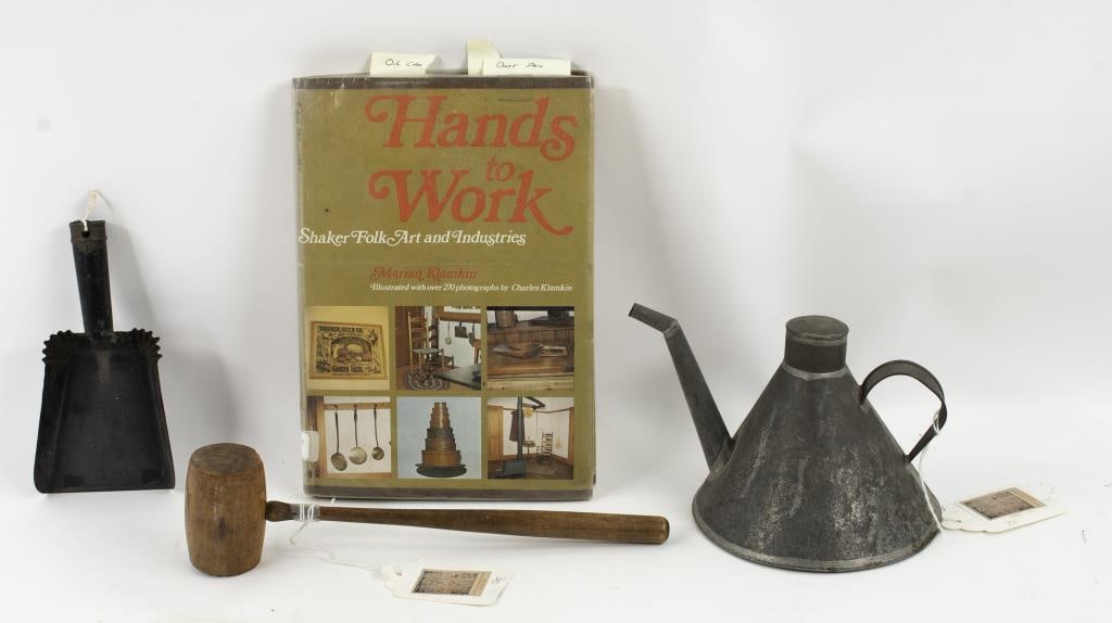 Shaker Tin Dust Pan, Lamp Filler, Mallet, Book: Three Shaker items and Shaker reference book: 1. Small tin dust pan in original black painted finish, crimped top edges; 6 1/2"L, 3 1/2"W (See page 113 in book for similar dust pan)---2. Lidded tin wh
