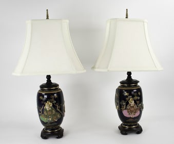 Pair of High Relief Satsuma Vase Lamps