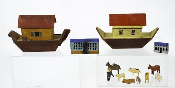 Two Miniature Folk Art Noah's Arks & Two Houses