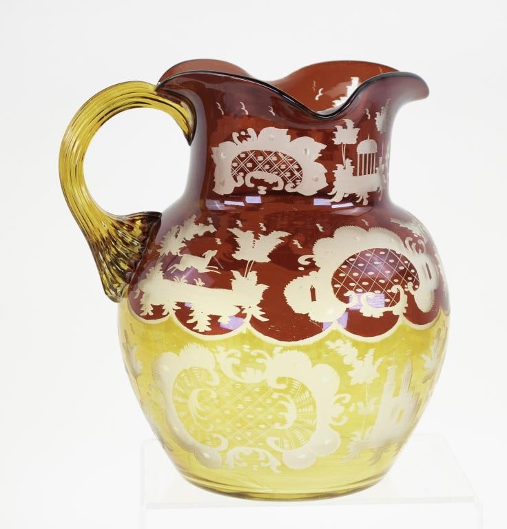 Bohemian Ruby to Amber Etched Glass Pitcher (1 of 5)