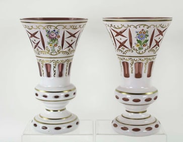 Pr. Bohemian Overlay Cranberry Glass Vases