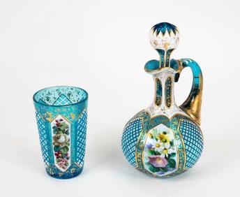 Moser Cut Overlay Cruet and Beaker