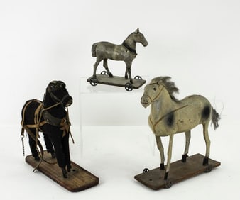 Carved Wood, Felt, Papier Mache Horse Pull Toys