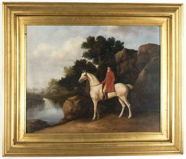 Oil on Canvas In the Style of George Stubbs: Late 20th century equestrian painting in the style of George Stubbs (English, 1724-1806), signed lower right "Douglas Moran", gilt wood frame; 30"W x 24"H; frame 40 1/2"W, 34 1/4"H---good condition (I