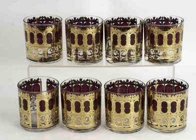 Culver Mid-Century Cranberry Azure Scroll Barware