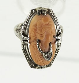 14kt Gold, Carved Coral & Diamond Ring