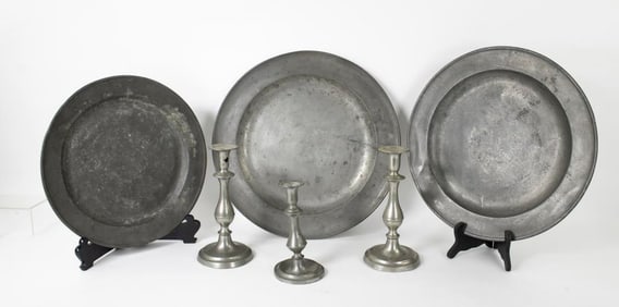 3 Pewter Chargers & Cincinnati Candlesticks