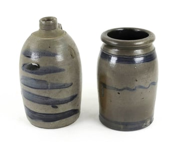 Two Pcs. Cobalt Decorated Stoneware