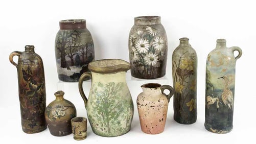 Folk Art Painted Stoneware Pitcher, Jars, Etc.