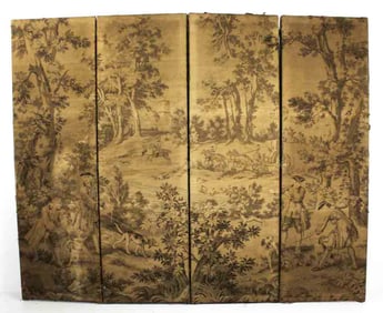 Antique 4-Panel Fox Hunt Tapestry Folding Screen