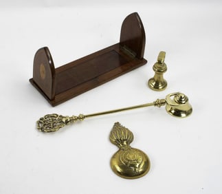 English Inlaid Book Rack & 3 Brass Items
