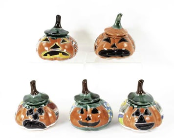 Five Painted Terracotta Jack-O-Lanterns