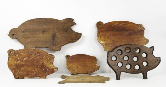 2 Wood Pig Cutting Boards, 4 Other Pigs