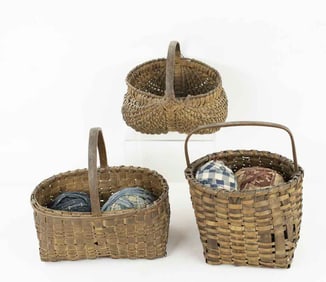 3 Early Small Splint Baskets w/ 4 Rag Balls