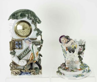 German Porcelain Figural Spill Vase and Clock