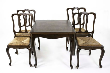 French Draw-Leaf Table & Rush Seat Chairs