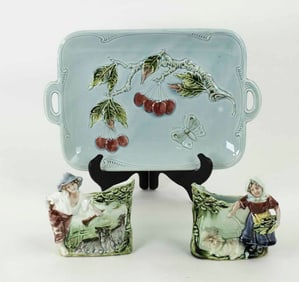Pr. Majolica Spill Vases & Majolica Tray