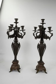 Pair of Patinated Spelter & Marble Candelabra