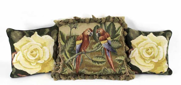 Woven Tapestry & Pr. Needlepoint Pillows