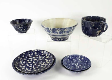 Blue Spongeware--Mush Cup, Soup Bowl, Other
