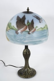 Lamp, Hand Painted Glass Shade w/ Ducks